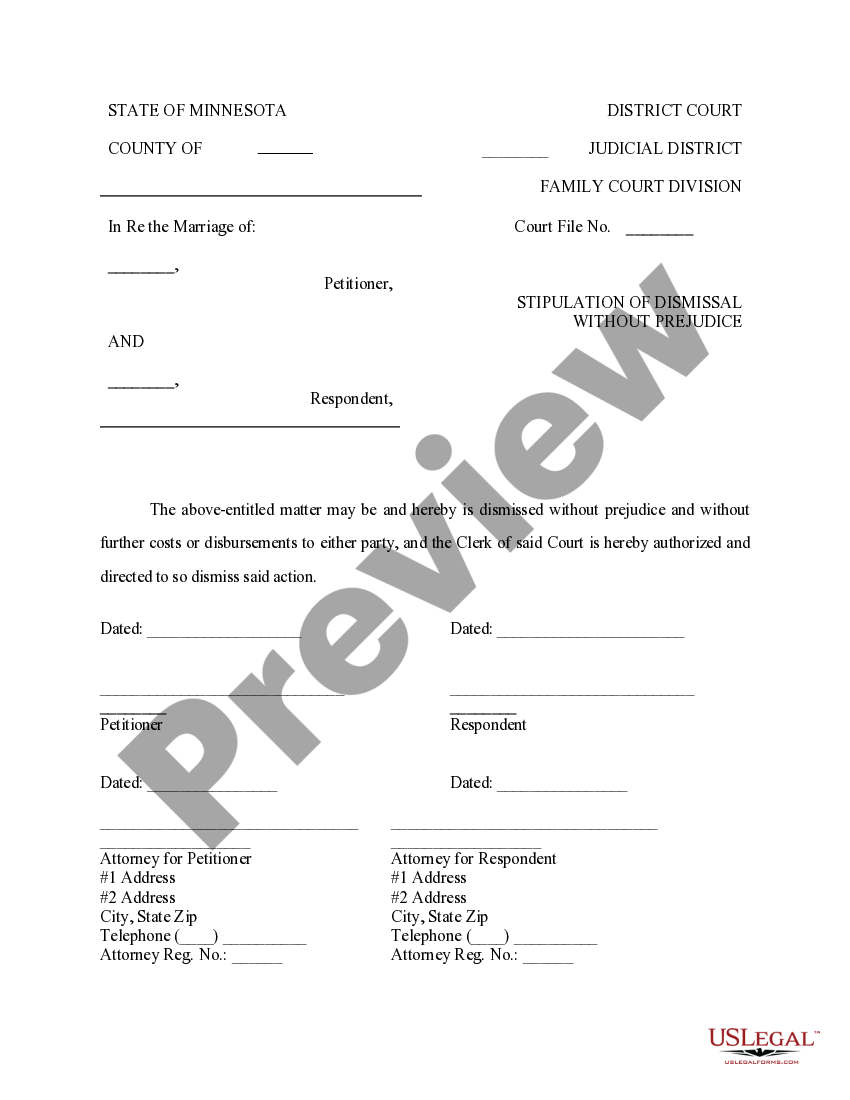 Minnesota Stipulation of Dismissal Without Prejudice Stipulated