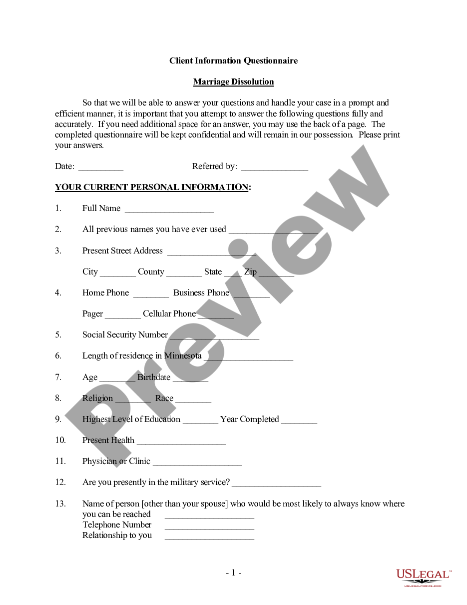 page 0 Client Information Questionnaire - Marriage Dissolution preview
