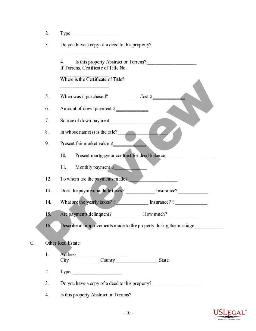 Preview Client Information Questionnaire - Marriage Dissolution