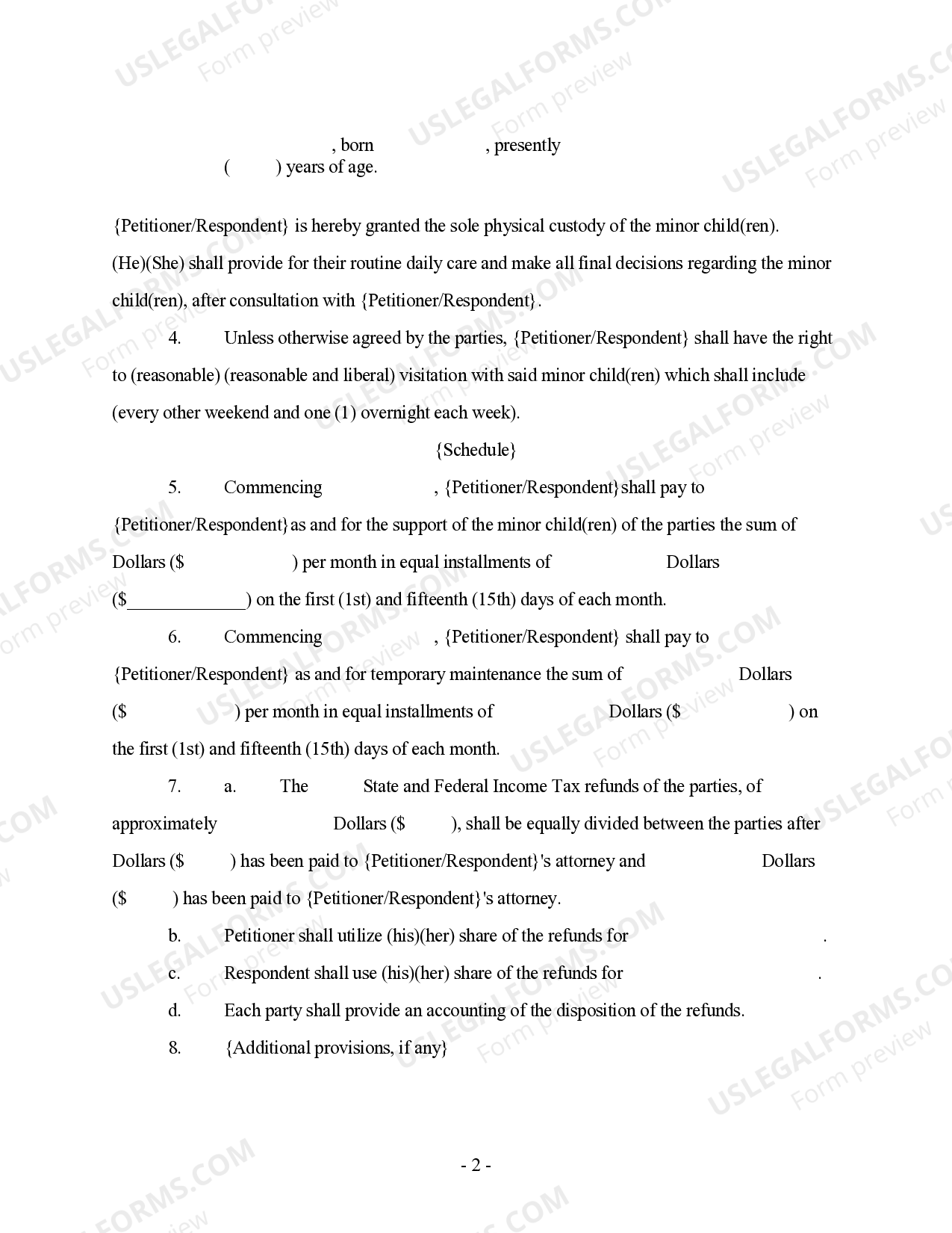 Minnesota Temporary Order for Custody and Property Settlement in ...
