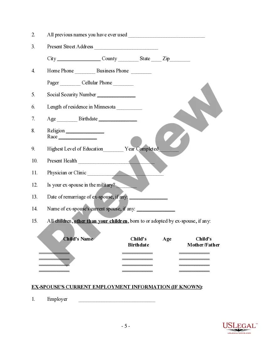 Preview Client Information Questionnaire - Post Dissolution Decree