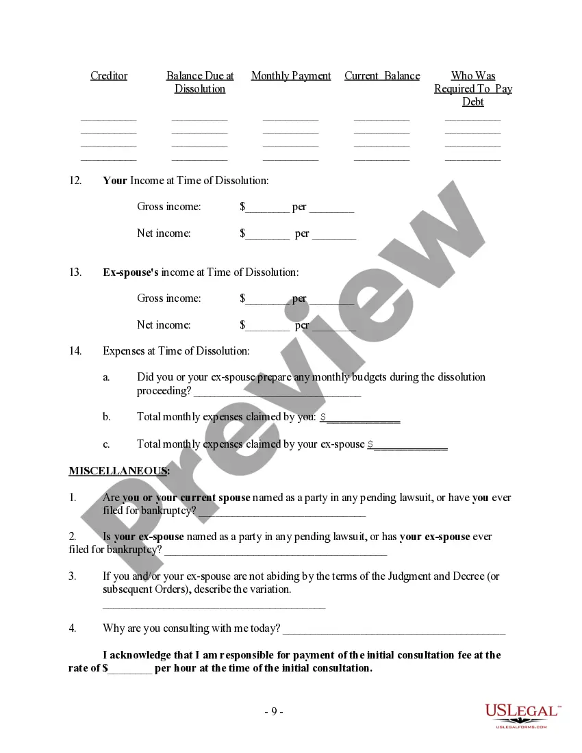 Preview Client Information Questionnaire - Post Dissolution Decree