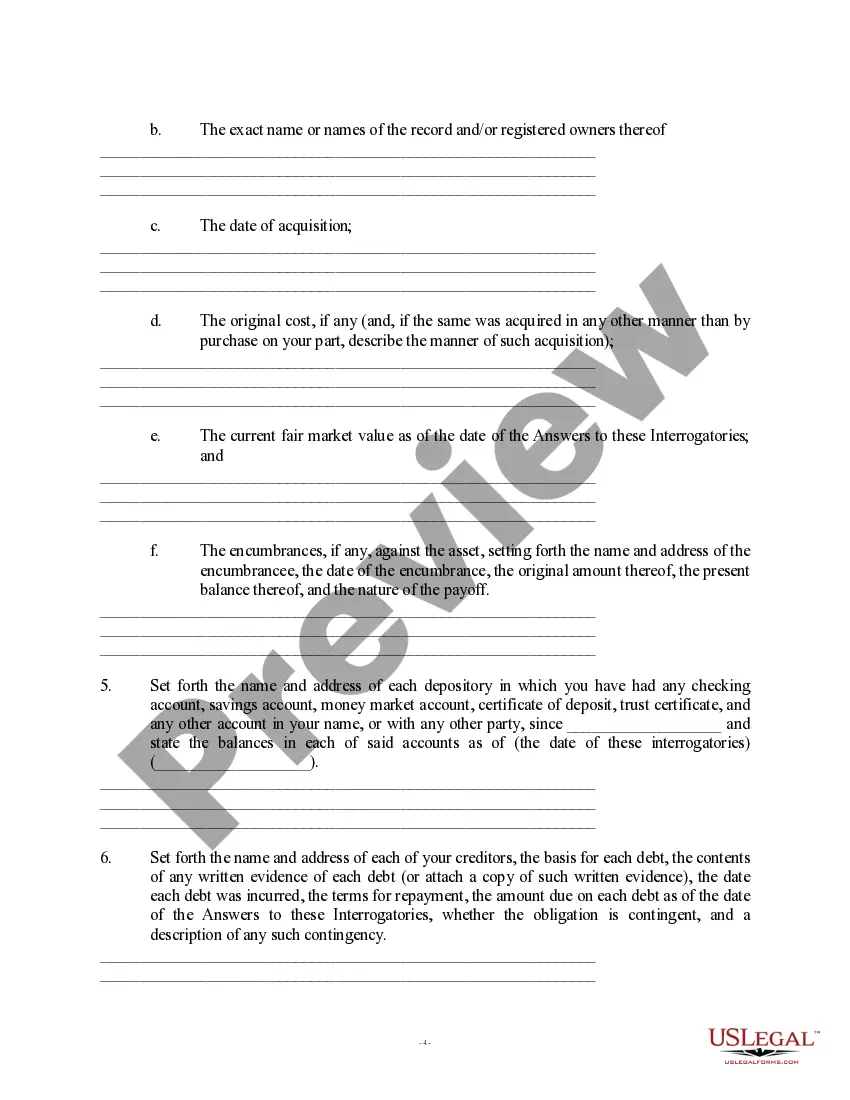Get Discovery - Interrogatories - Post-Dissolution, Ex-Spouse Not Remarried Preview Discovery - Interrogatories - Post-Dissolution, Ex-Spouse Not Remarried