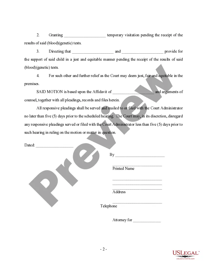 Preview Notice of Motion and Motion for Parentage Blood - Genetic Testing