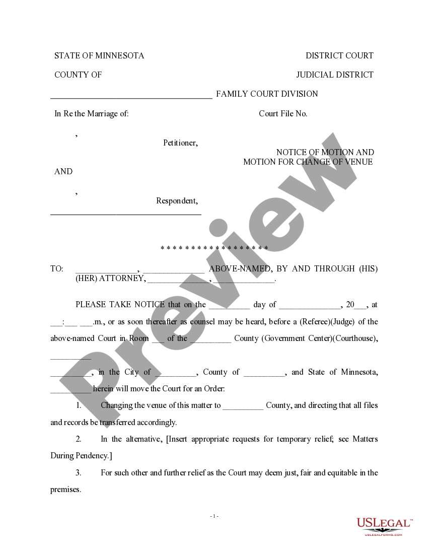 Hennepin Minnesota Notice of Motion for Change of Venue Change Of
