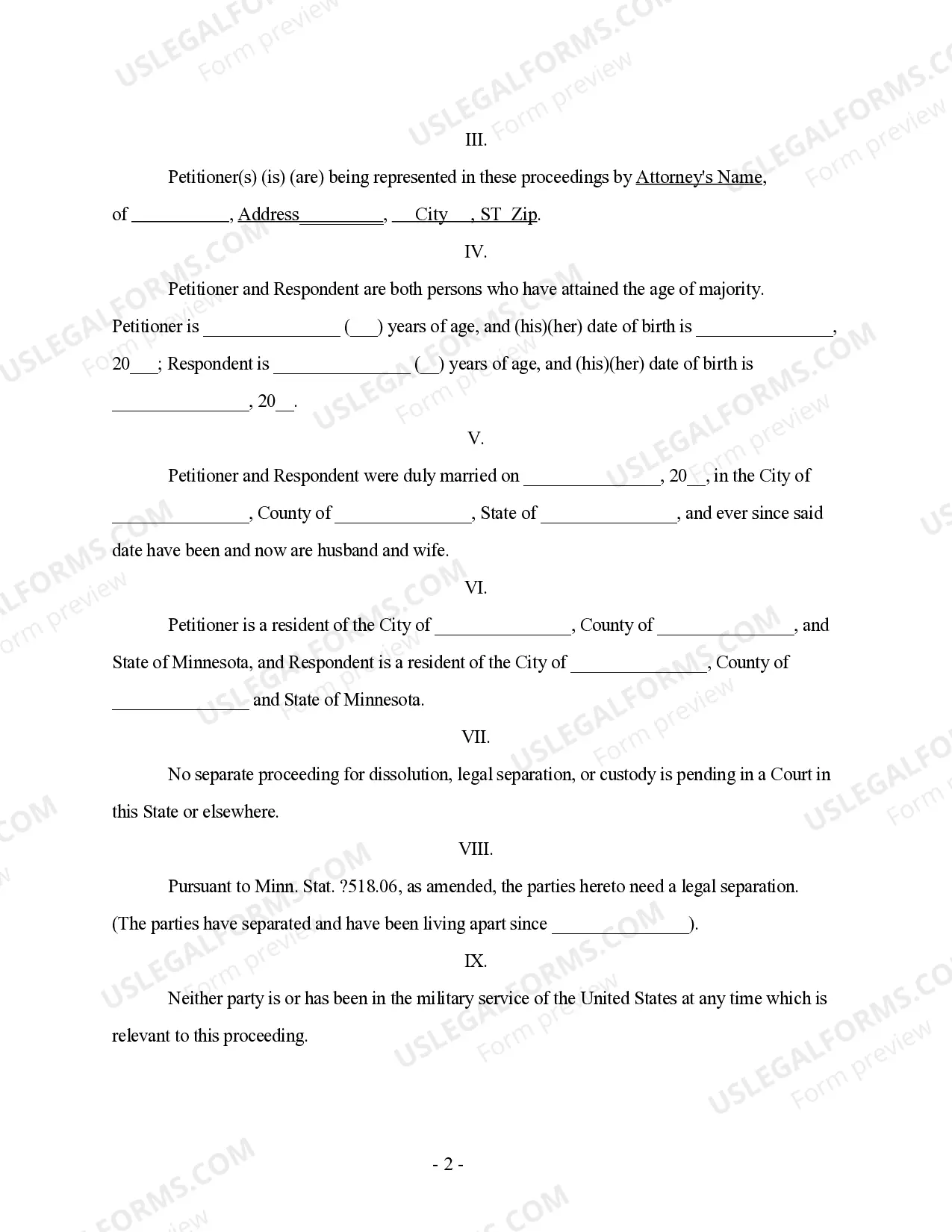 Preview Petition for Legal Separation - with alternative clauses