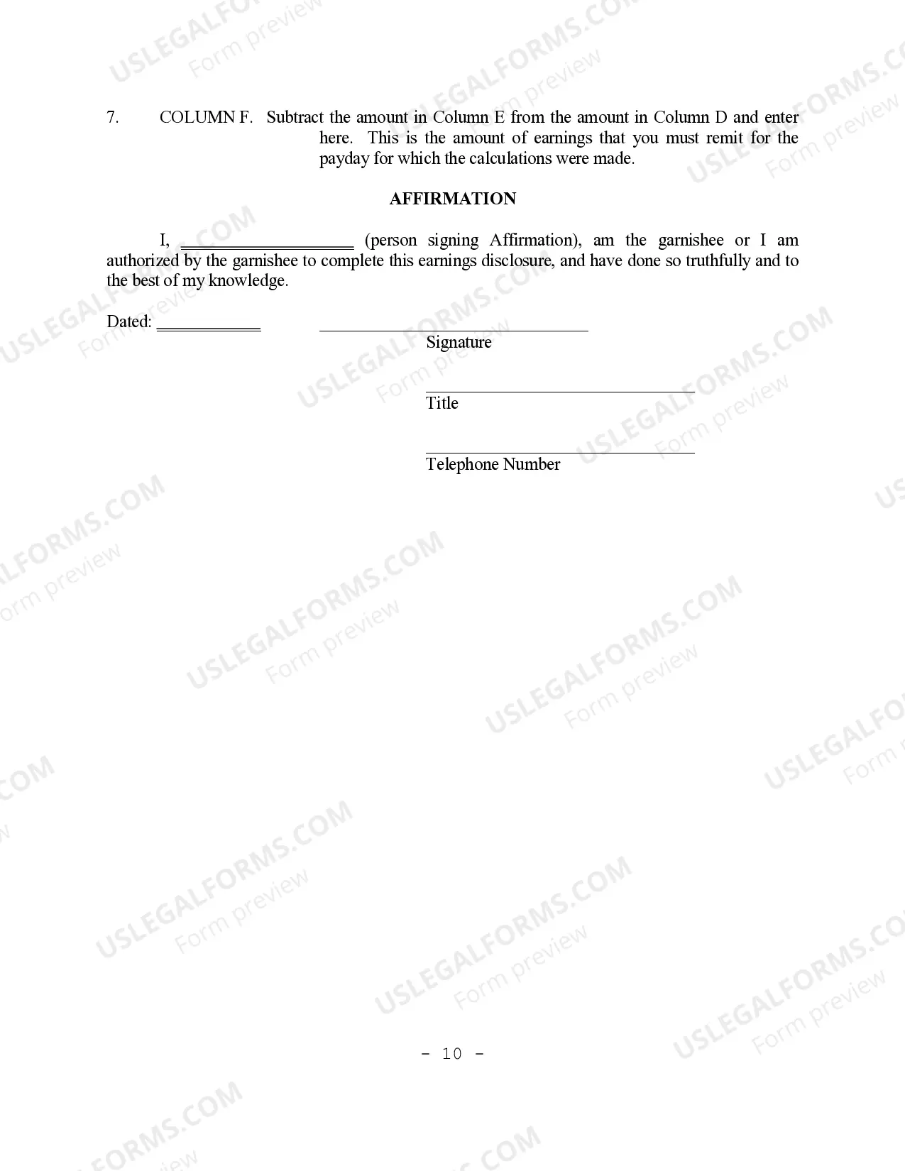 Preview Garnishment Earnings Disclosure Instructions