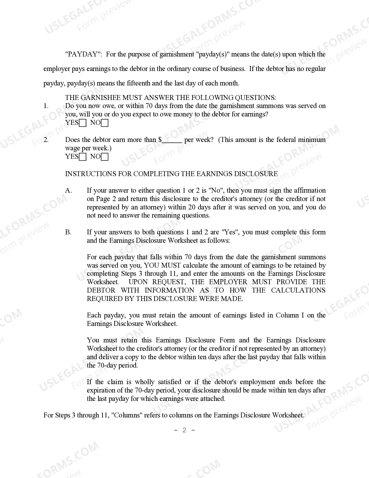 Preview Garnishment Earnings Disclosure Instructions