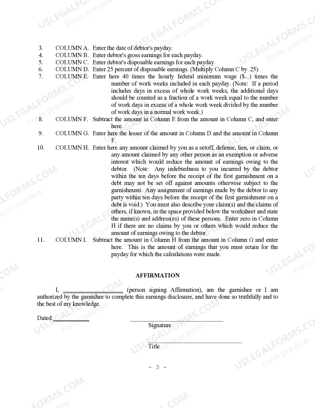 Preview Garnishment Earnings Disclosure Instructions