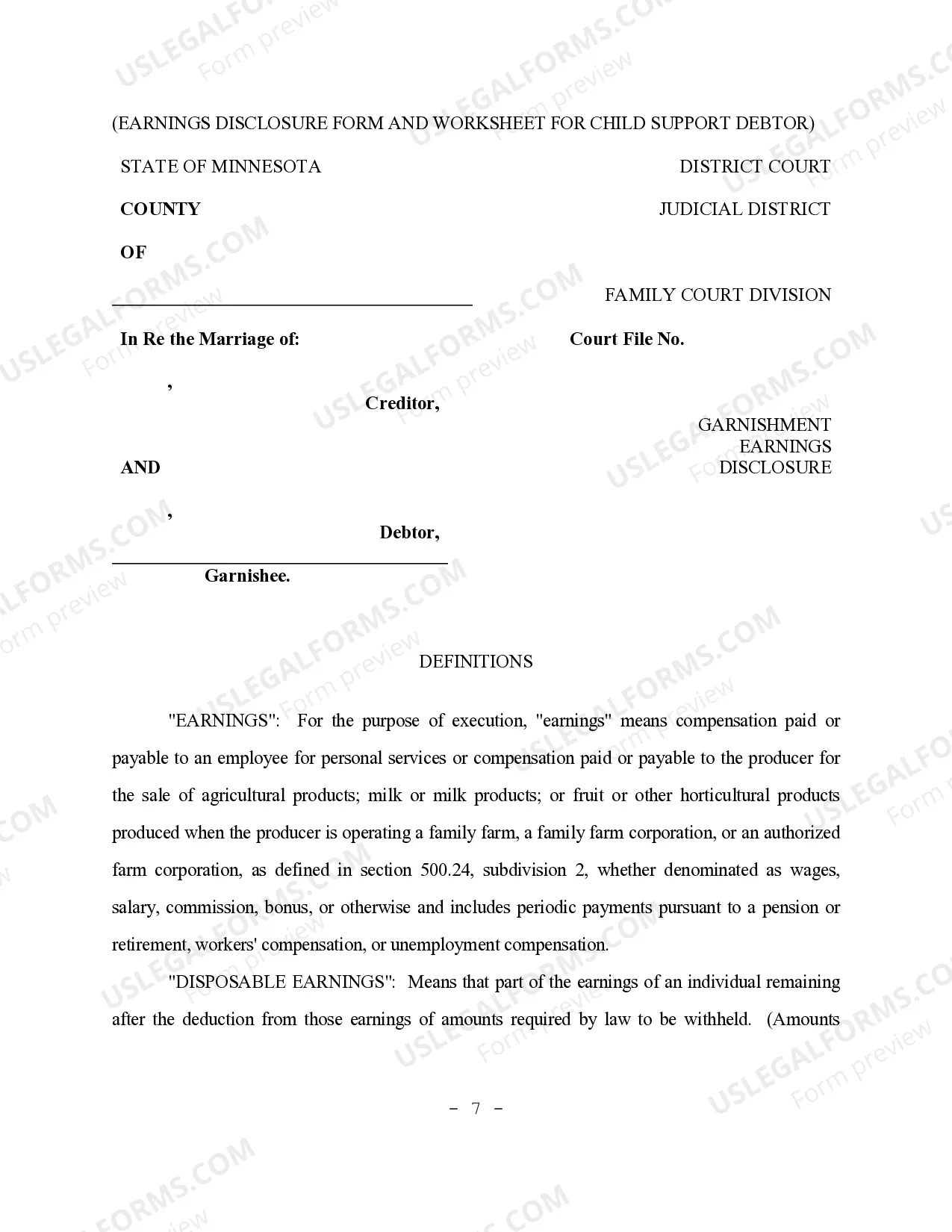 Preview Garnishment Earnings Disclosure Instructions