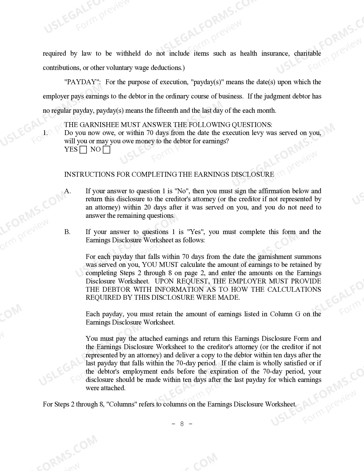Preview Garnishment Earnings Disclosure Instructions