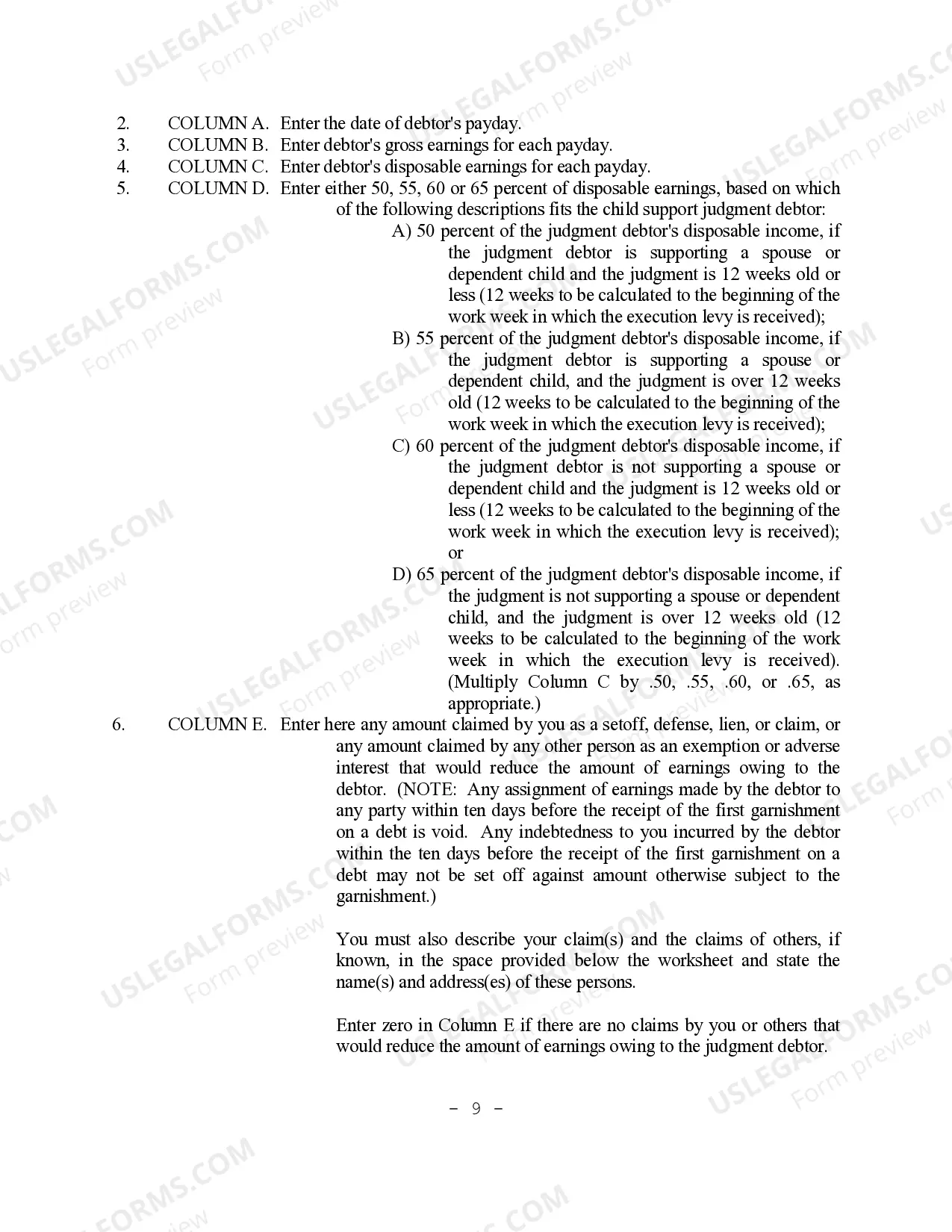 Preview Garnishment Earnings Disclosure Instructions