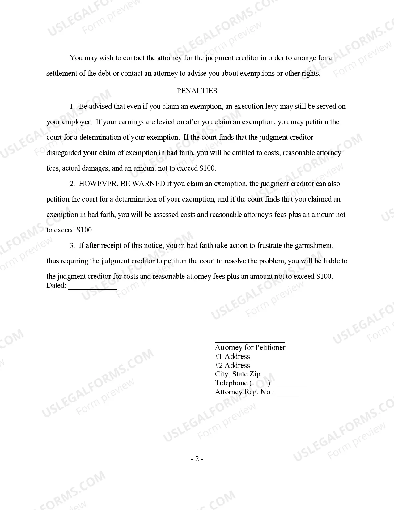 Preview Notice to Garnishee of Intent to Levy Earnings