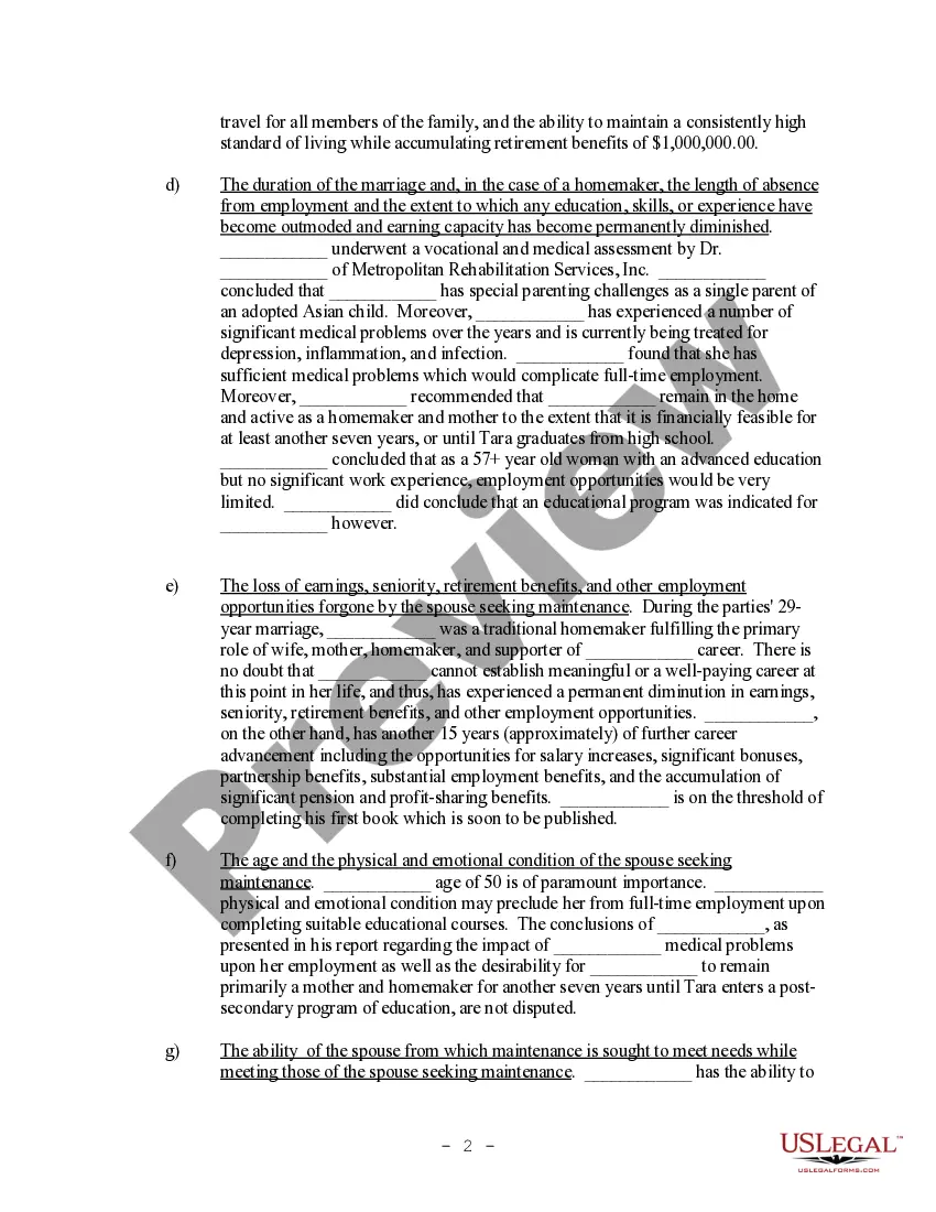 Preview Law Supporting Position on Amount of Spousal Maintenance for Inclusion in Brief
