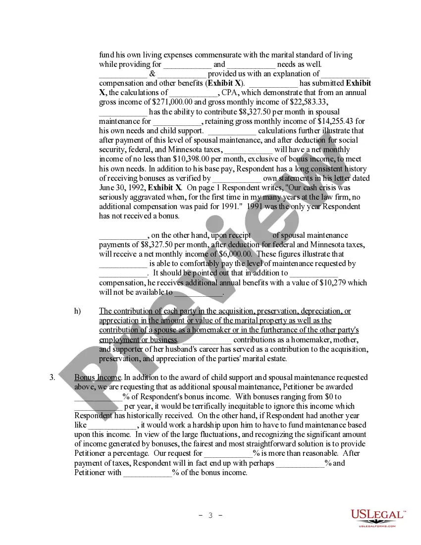 Preview Law Supporting Position on Amount of Spousal Maintenance for Inclusion in Brief
