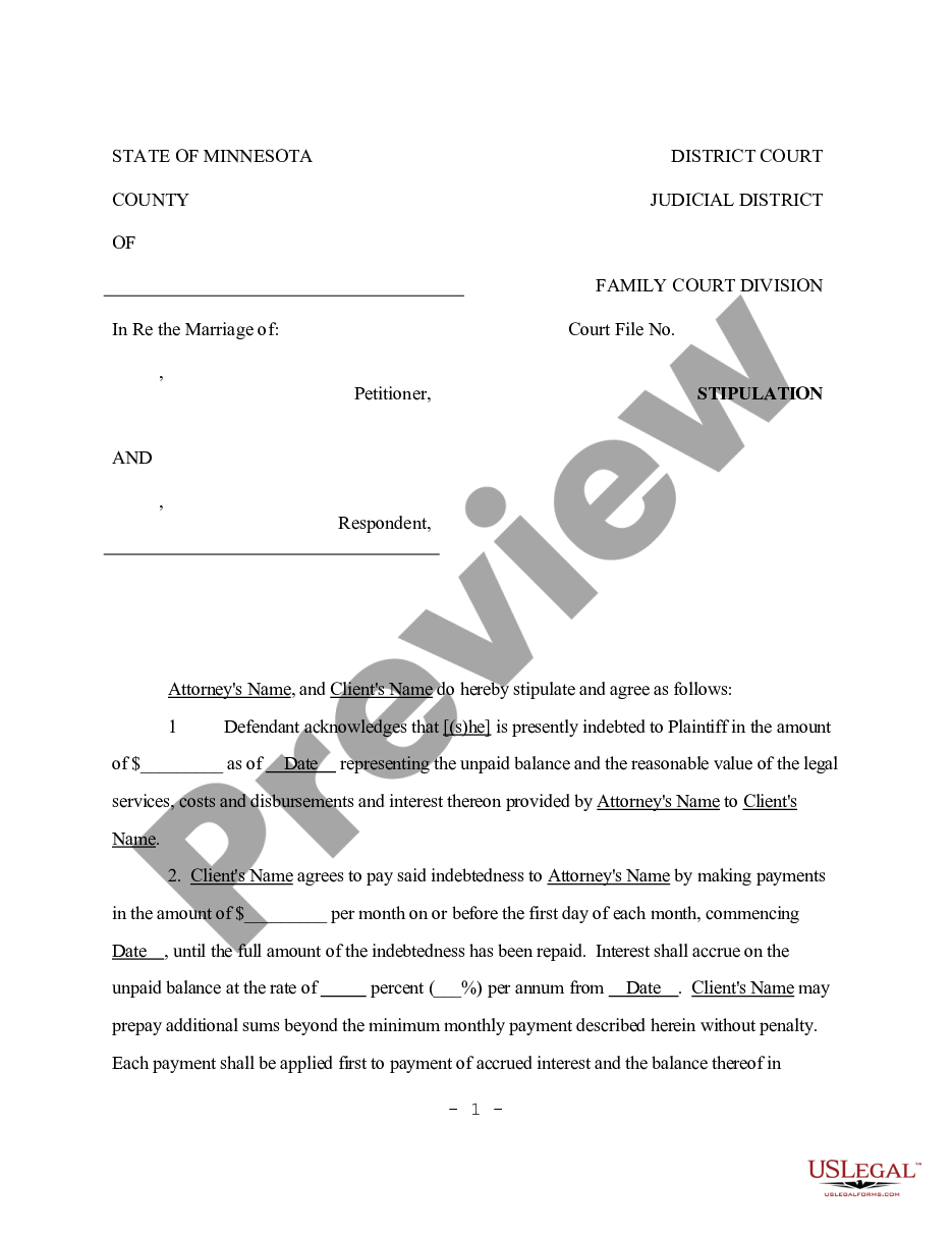 Minnesota Stipulation Client #39 s Agreement to pay Outstanding Attorney
