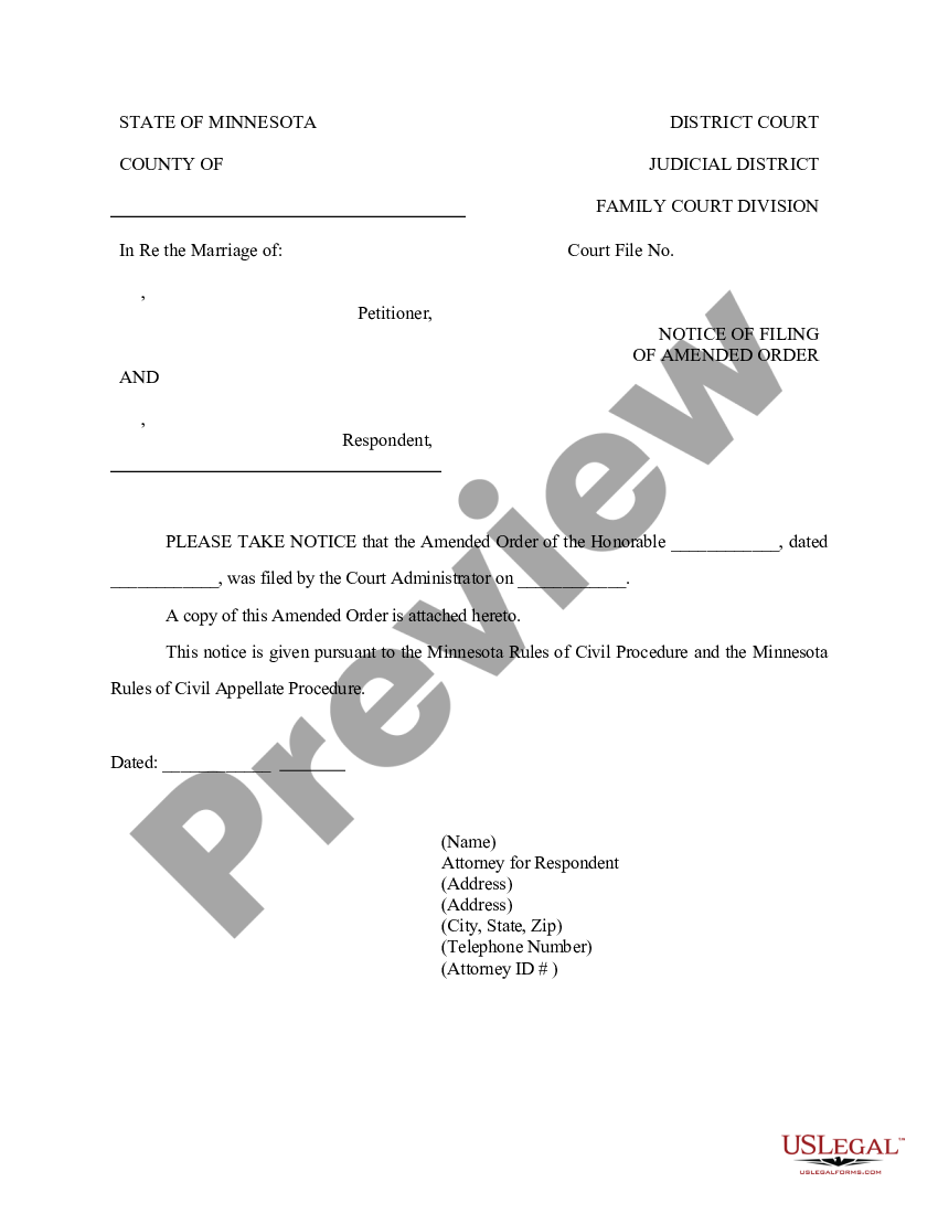 Minnesota Notice of Filing of Amend Order | US Legal Forms