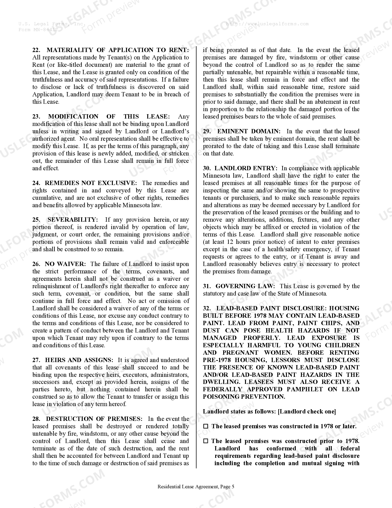 Minnesota Residential Rental Lease Agreement - Apartment Lease | US Legal  Forms