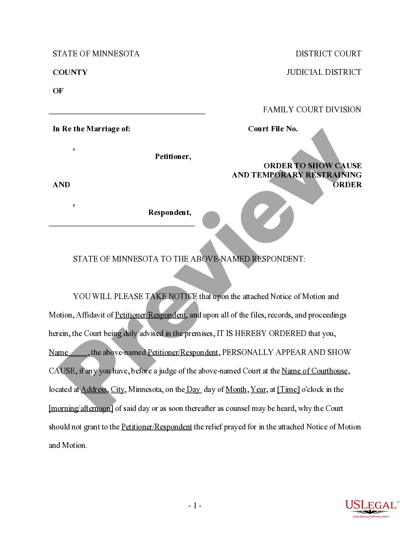 Minnesota Order to Show Cause and Temporary Restraining Order US