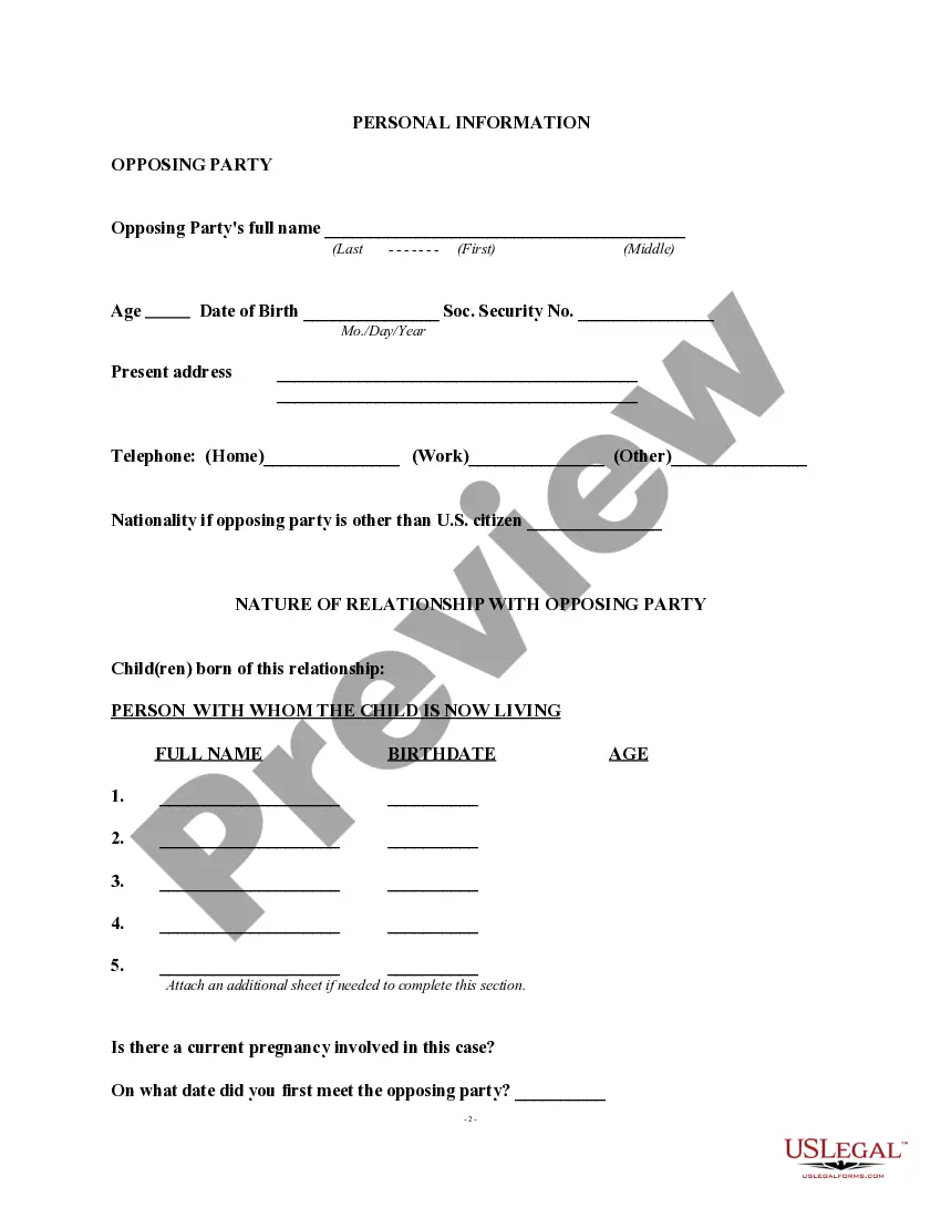 Preview Paternity Information Form - Client Interview Sheet