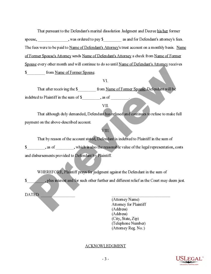 Preview Summons and Complaint regarding Client's unpaid Attorney's Fees