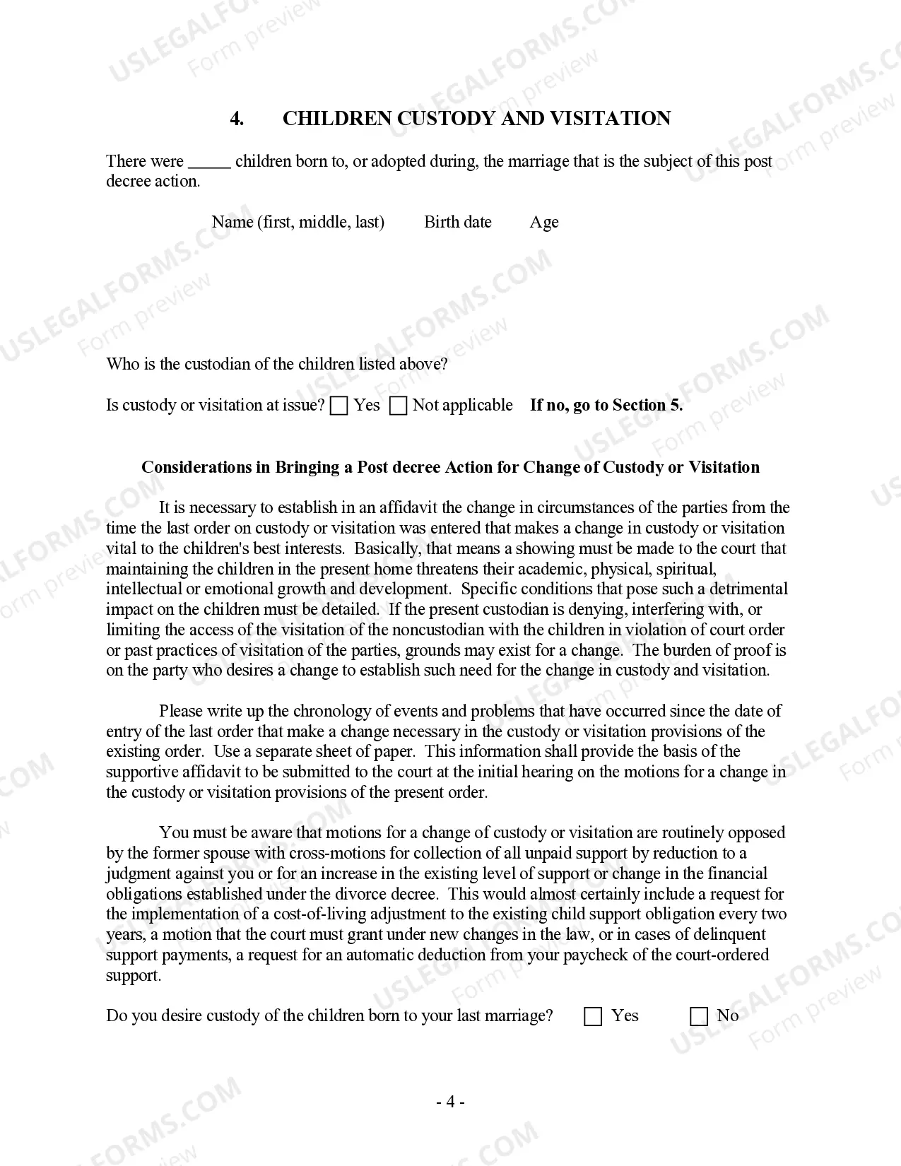 Preview Post-Decree Modification or Amendment Questionnaire