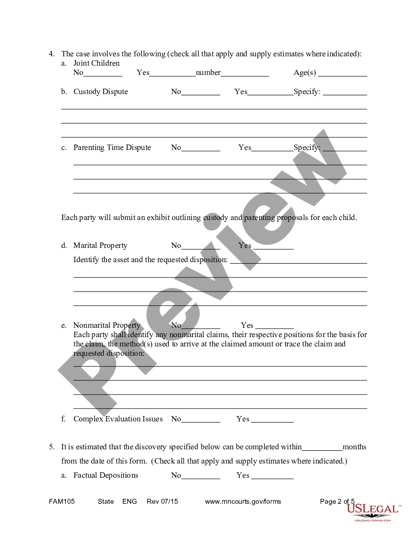 Minnesota Scheduling Information Statement for Filing with Court | US ...