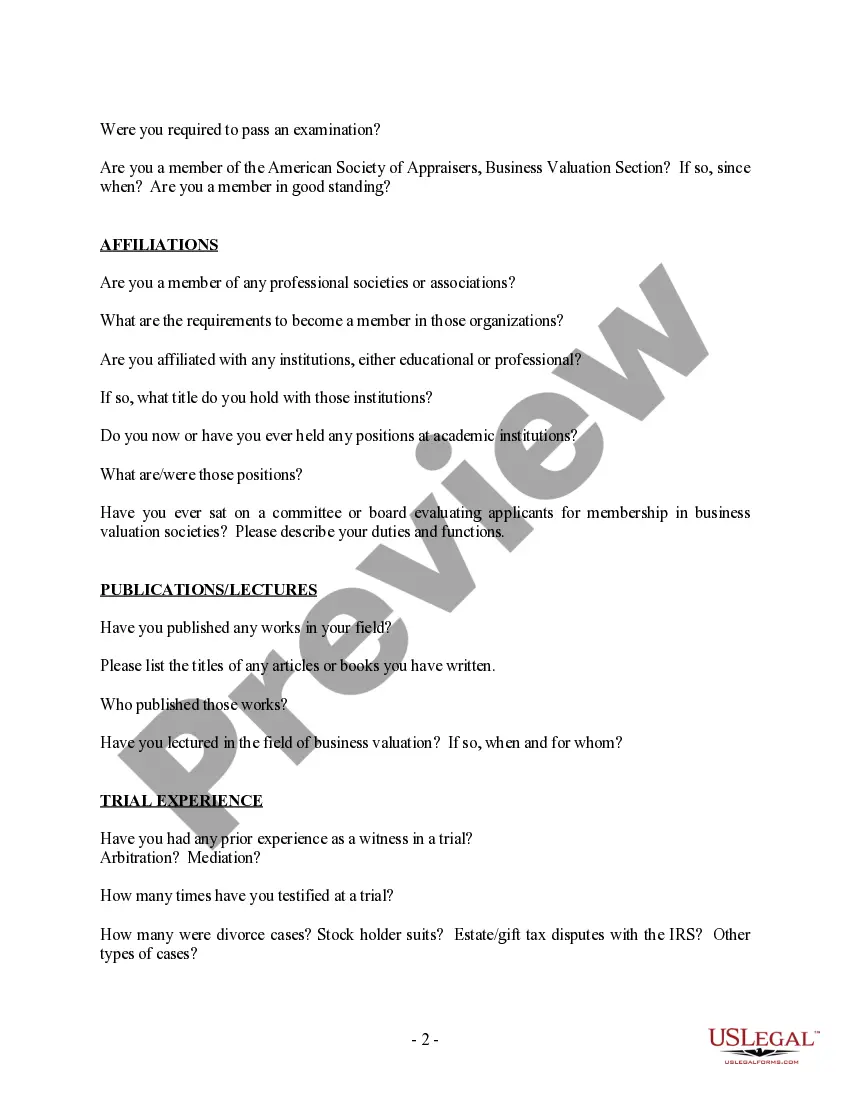 Preview Preliminary Information Questionnaire for Expert Witness