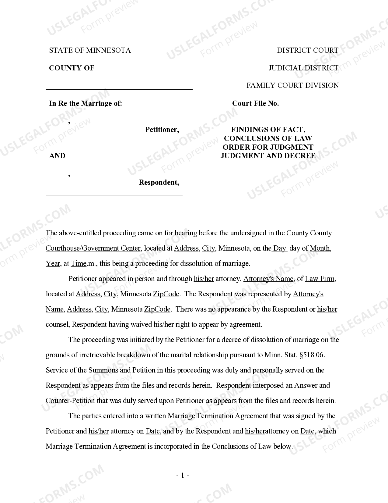 Minnesota Findings of Fact, Conclusions of Law, Order for Judgment