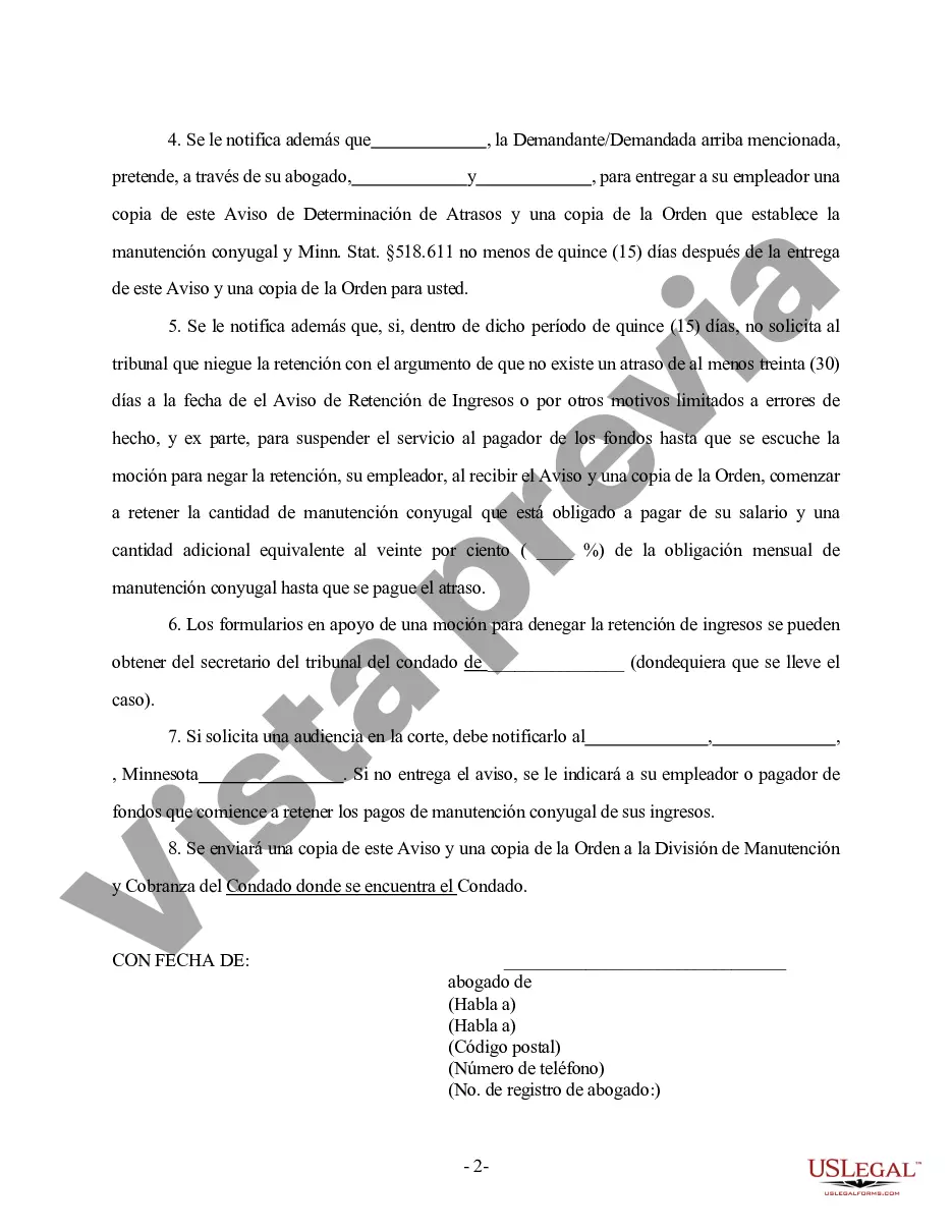 Preview Aviso de Determinación de Atrasos e Intención de Retener Ingresos de conformidad con la Sección 518.611 y 518.645 del Estatuto de Minnesota