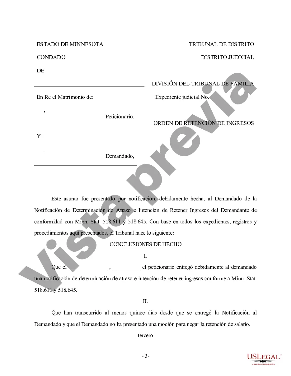 Preview Aviso de Determinación de Atrasos e Intención de Retener Ingresos de conformidad con la Sección 518.611 y 518.645 del Estatuto de Minnesota