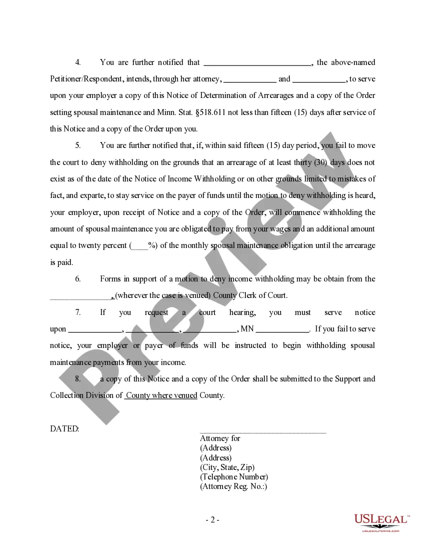 Preview Notice of Determination of Arrearage and Intent to Withhold Income Pursuant to Minnesota Statute Section 518.611 and 518.645