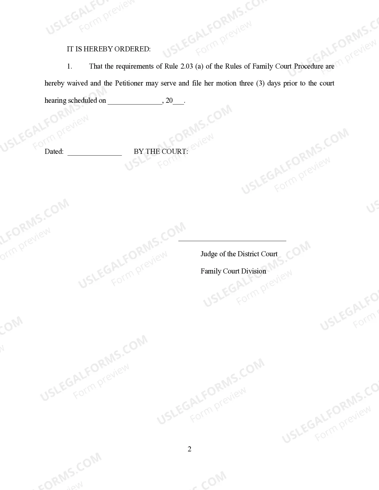 Preview Ex Parte Order Waiving the Service and Filing Requirements of Rule 2.03 of Rules of Family Court Procedure