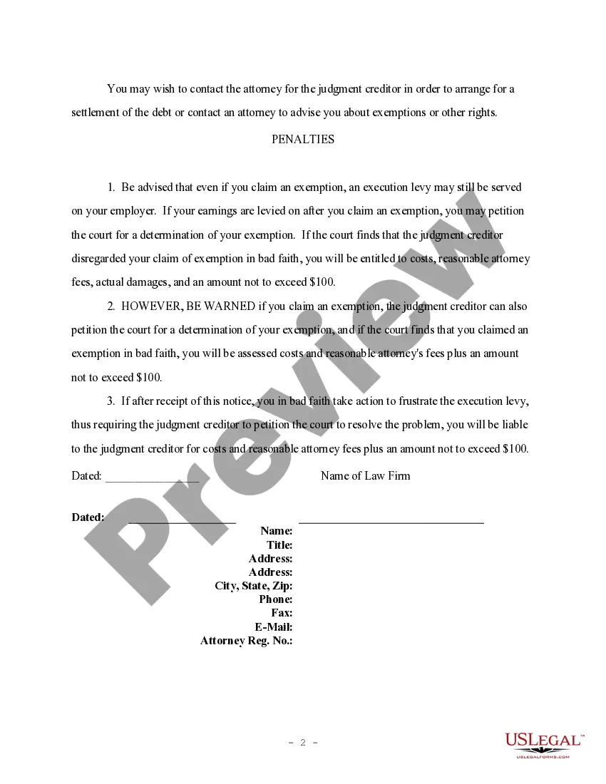 Preview Notice to Judgment Debtor of Creditor's Intent to Levy Upon Earnings in 10 Days