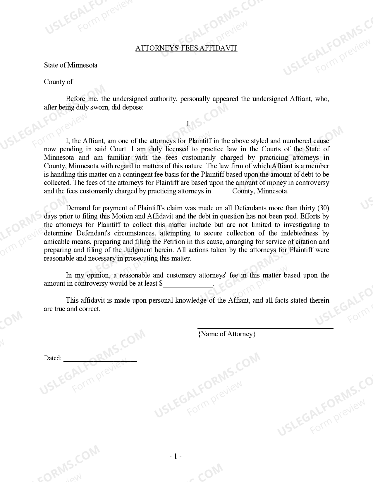 Minnesota Affidavit by Attorney for Attorney's Fees Affidavit In Support Of Attorney Fees US