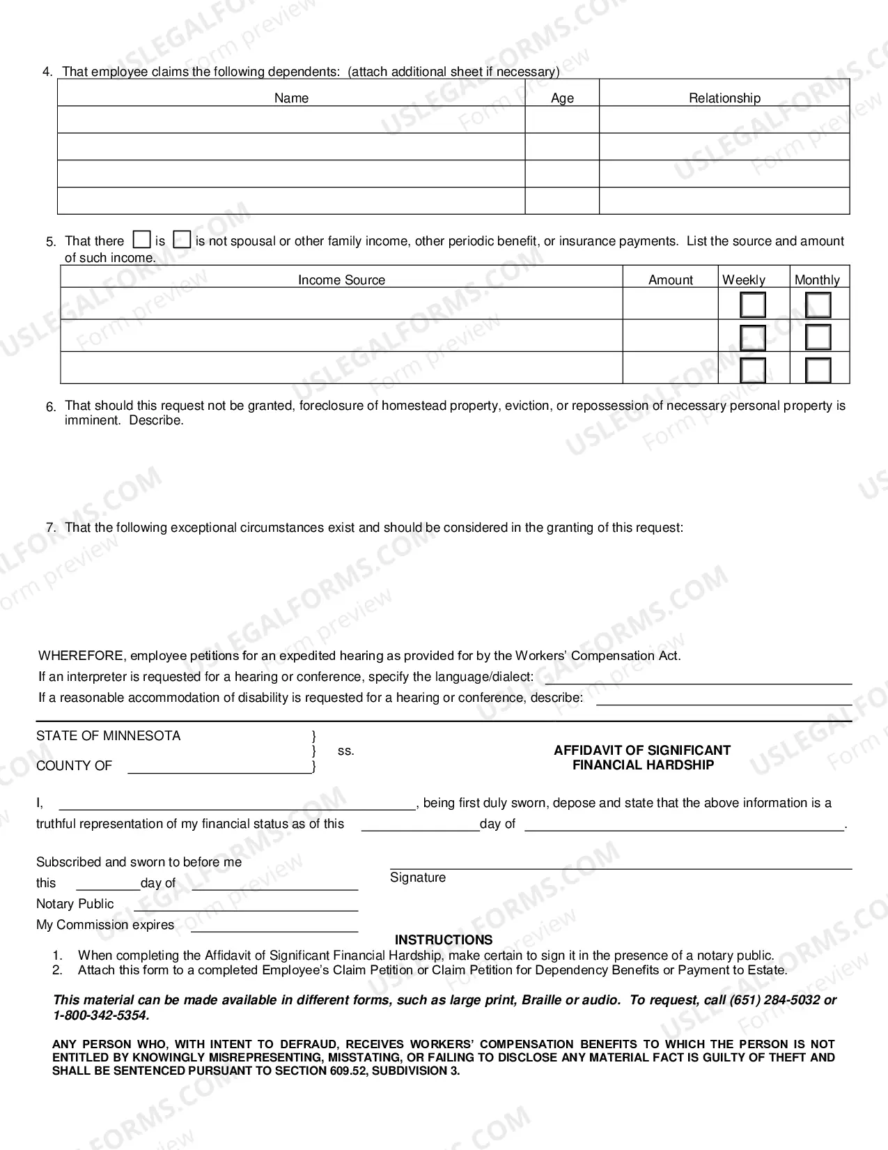 Preview Affidavit of Financial Hardship for Workers' Compensation