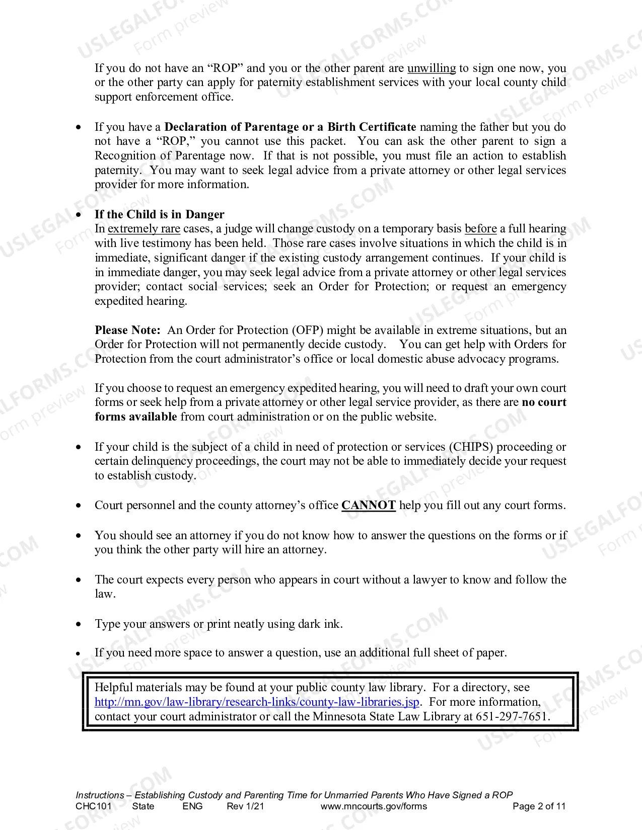 Preview Instructions - Request to Establish Child Custody and Parenting Time