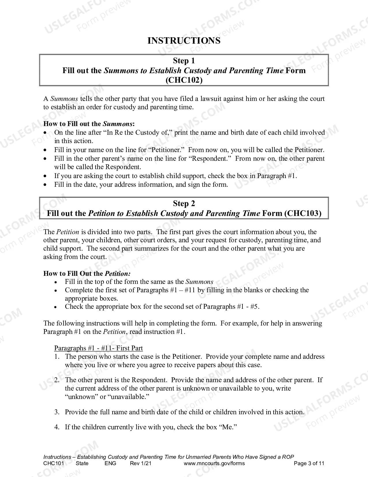 Preview Instructions - Request to Establish Child Custody and Parenting Time