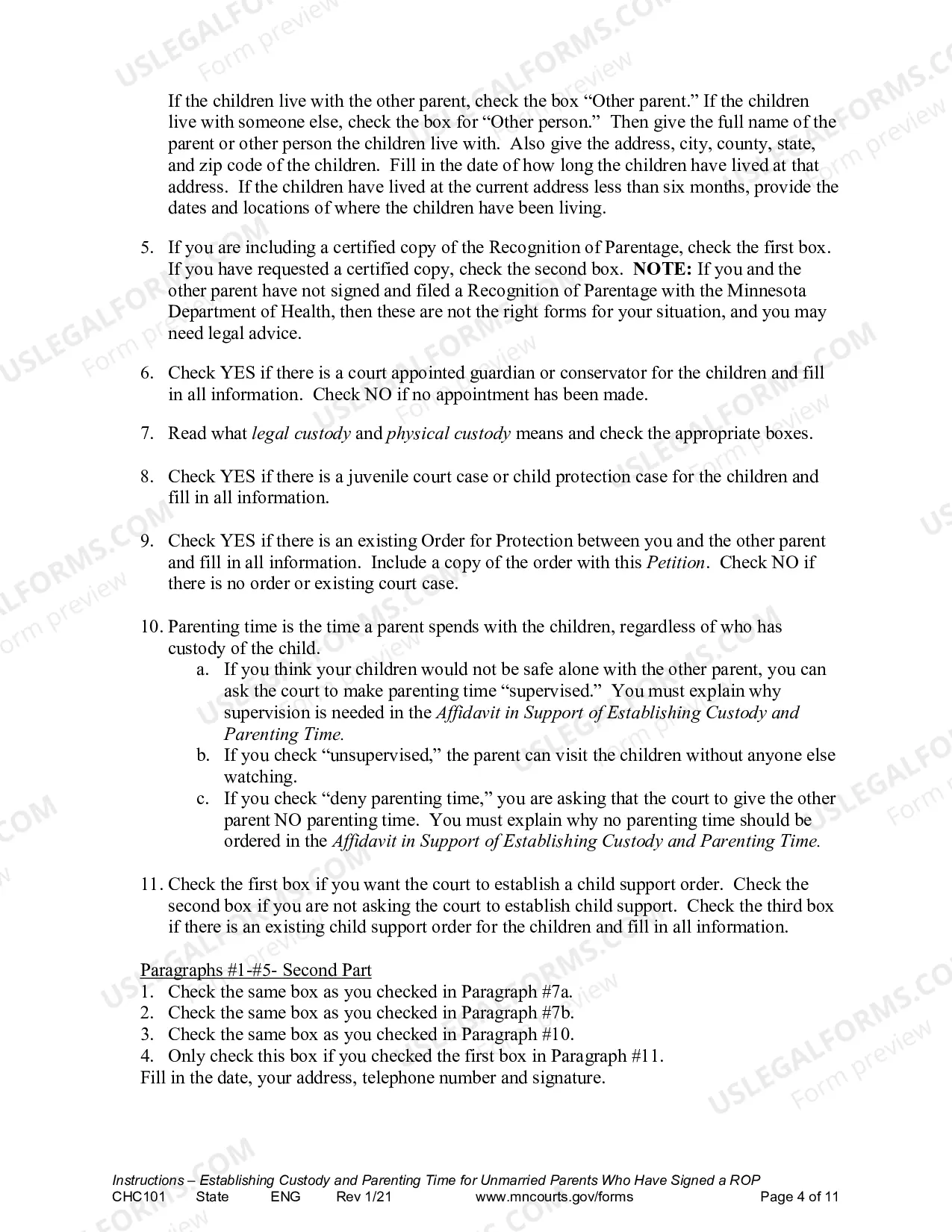 Preview Instructions - Request to Establish Child Custody and Parenting Time