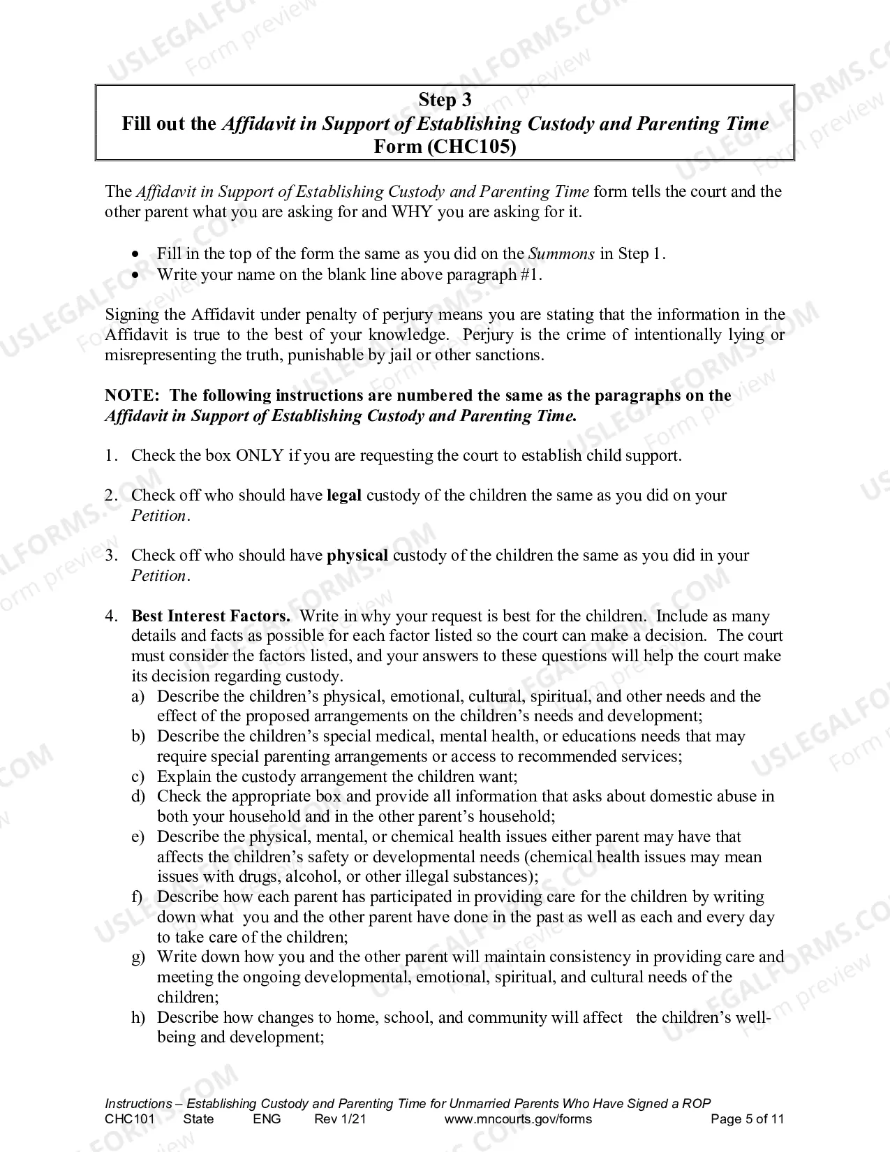 Preview Instructions - Request to Establish Child Custody and Parenting Time