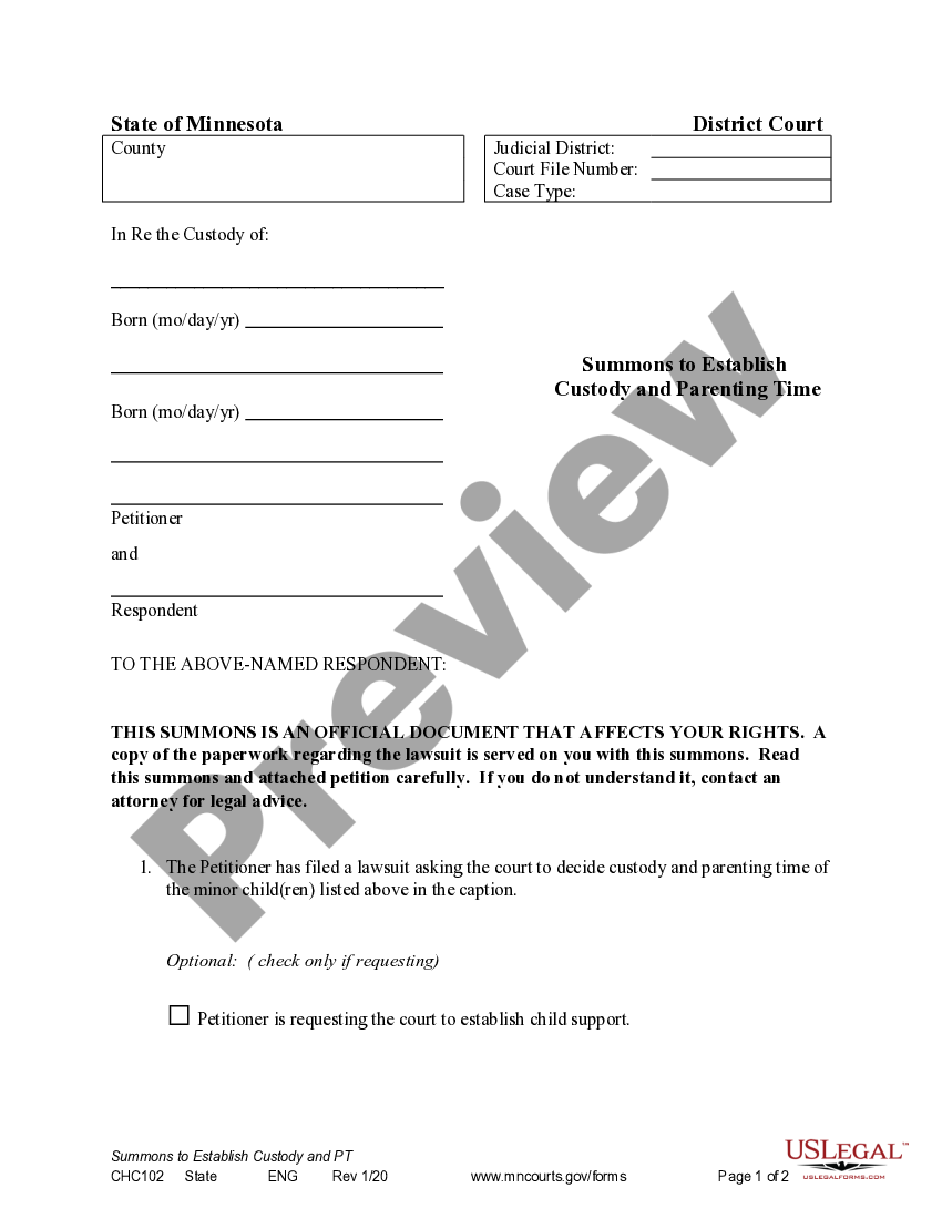 Minnesota Motion to Establish Custody and Parenting Time Minnesota