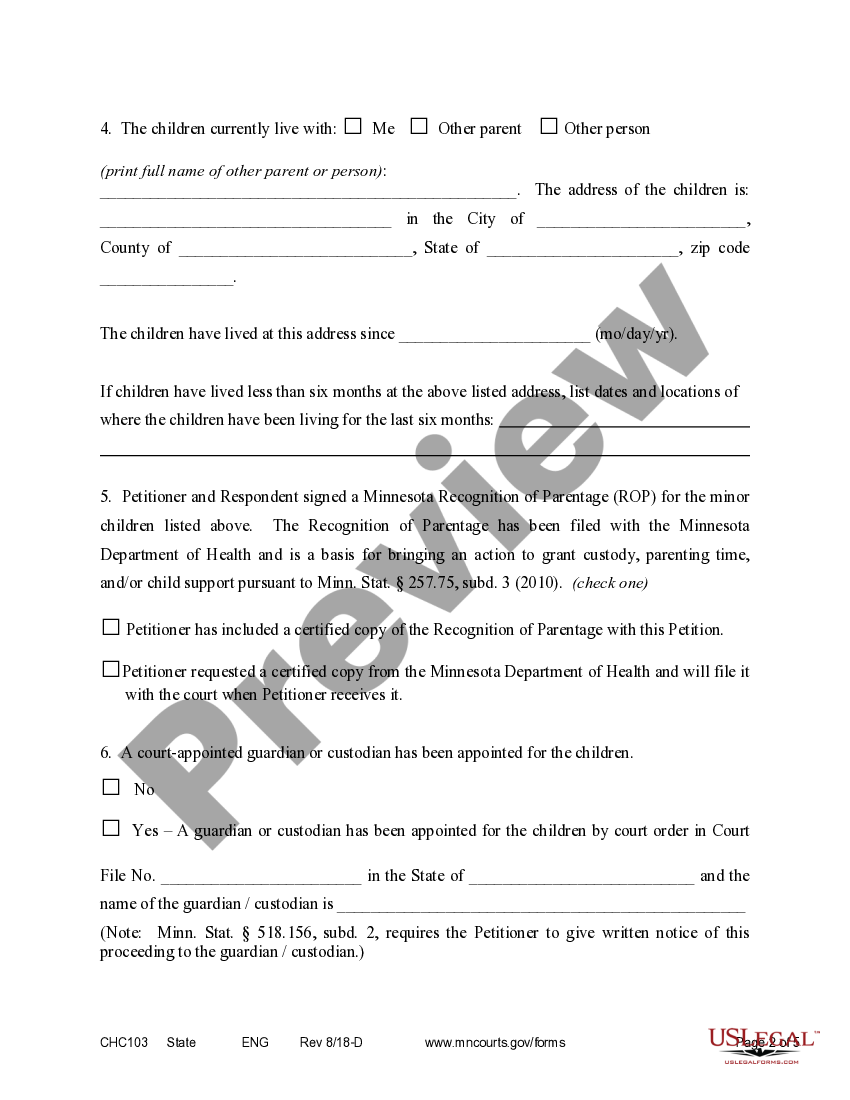 Minnesota Affidavit in Support of Motion to Establish Custody and