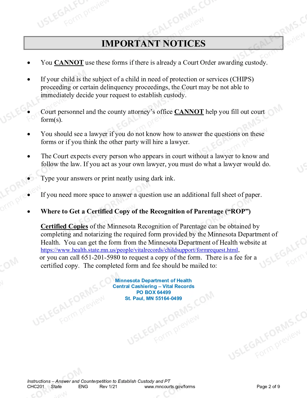 Preview Instructions - Response to Request to Establish Child Custody and Parenting Time