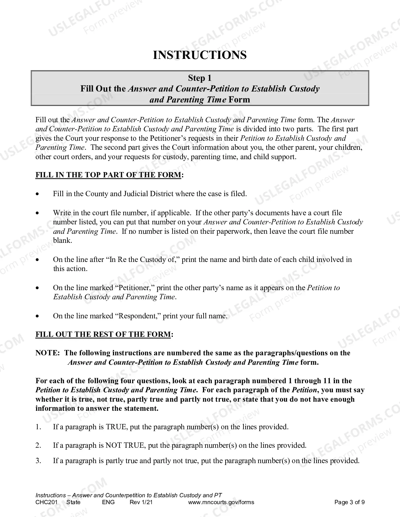Preview Instructions - Response to Request to Establish Child Custody and Parenting Time