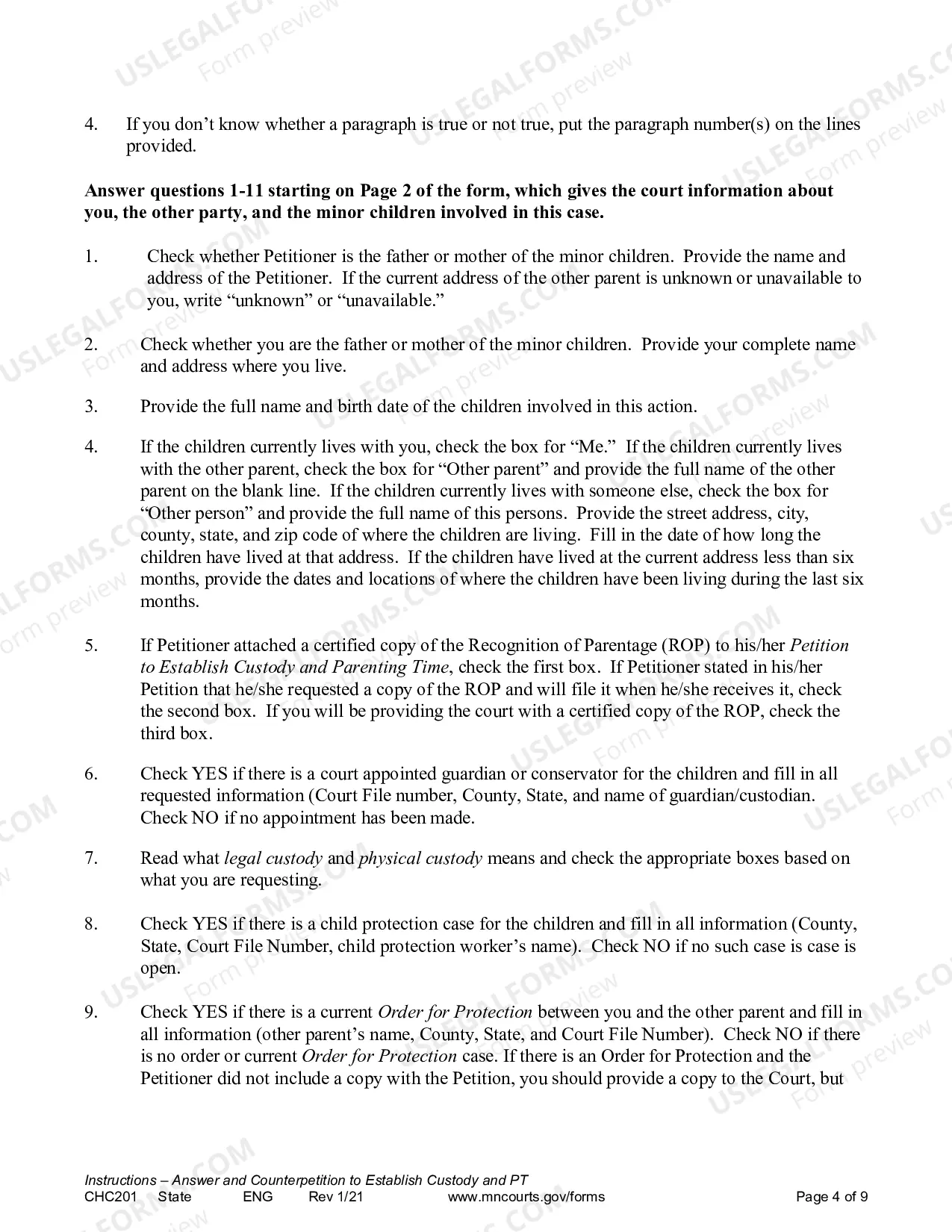 Preview Instructions - Response to Request to Establish Child Custody and Parenting Time