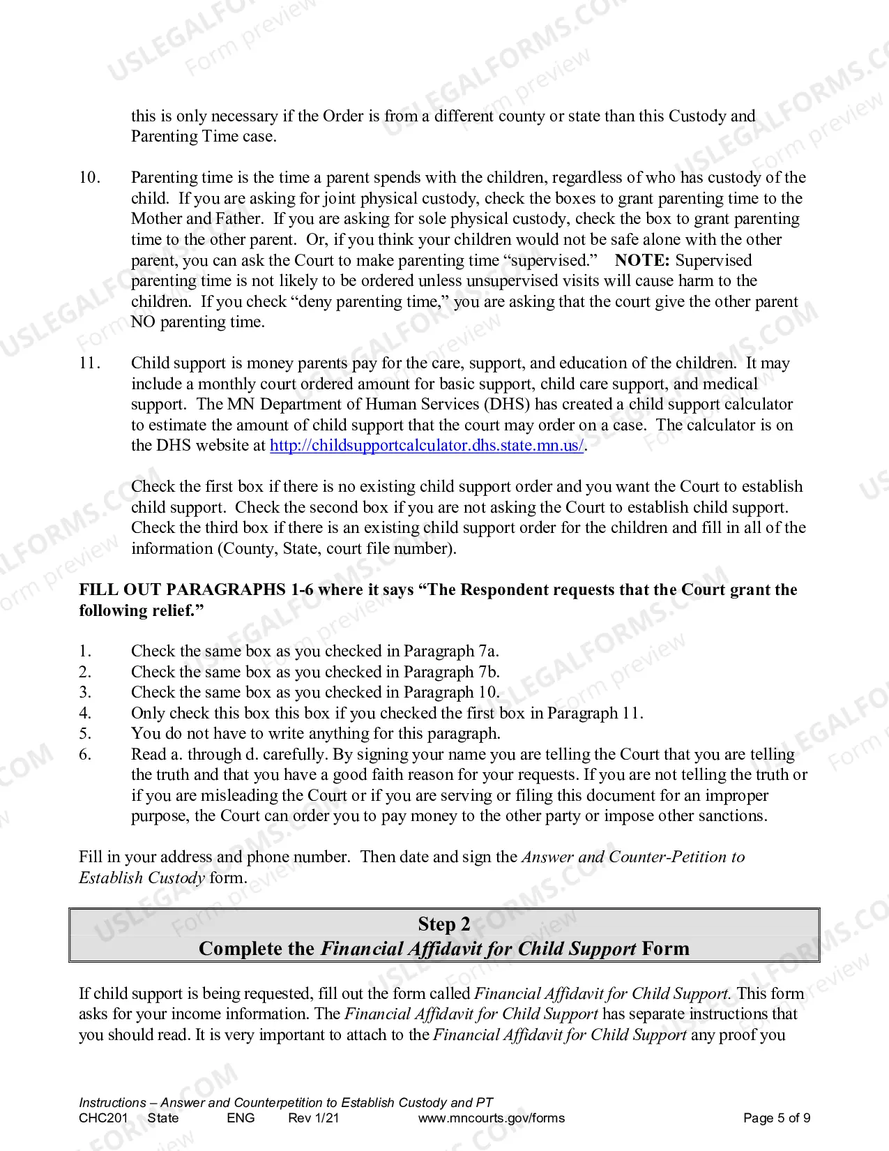 Preview Instructions - Response to Request to Establish Child Custody and Parenting Time