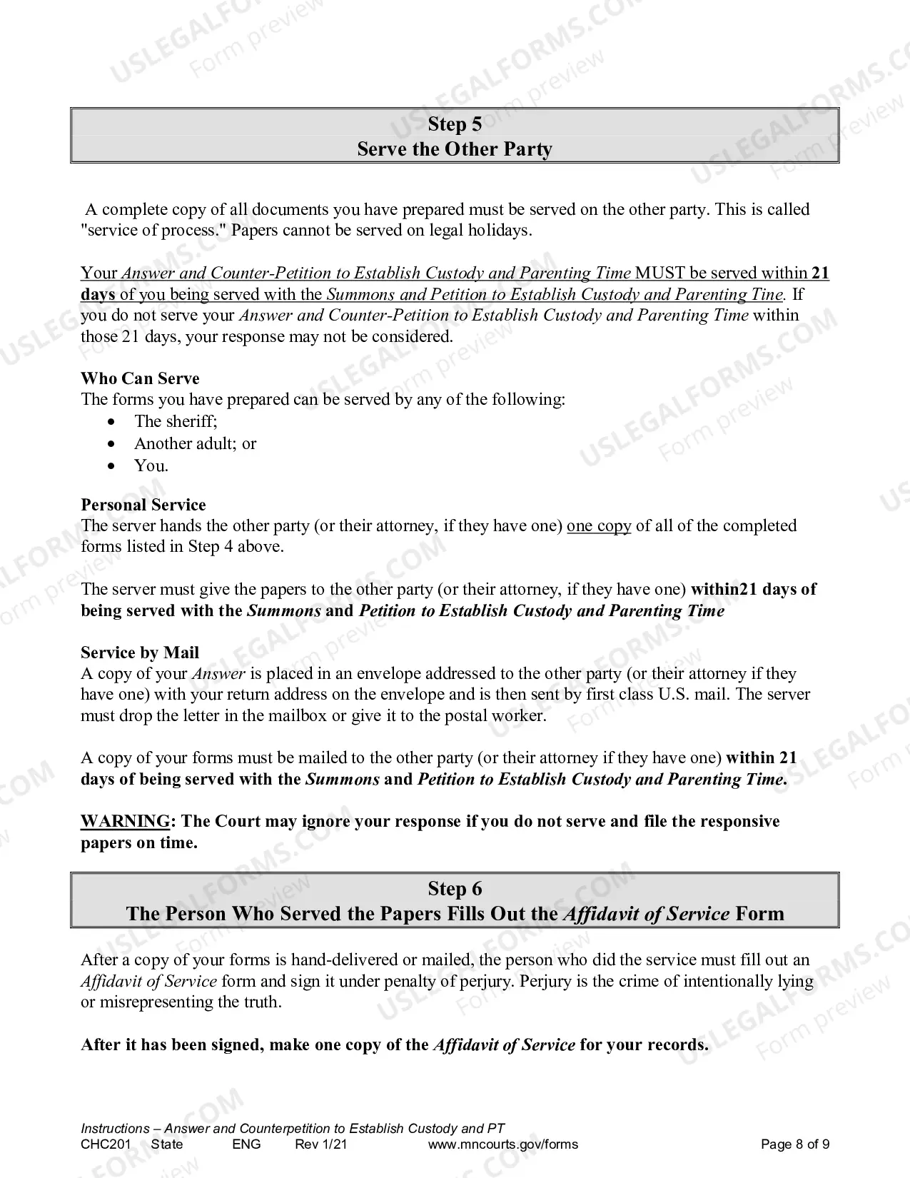 Preview Instructions - Response to Request to Establish Child Custody and Parenting Time