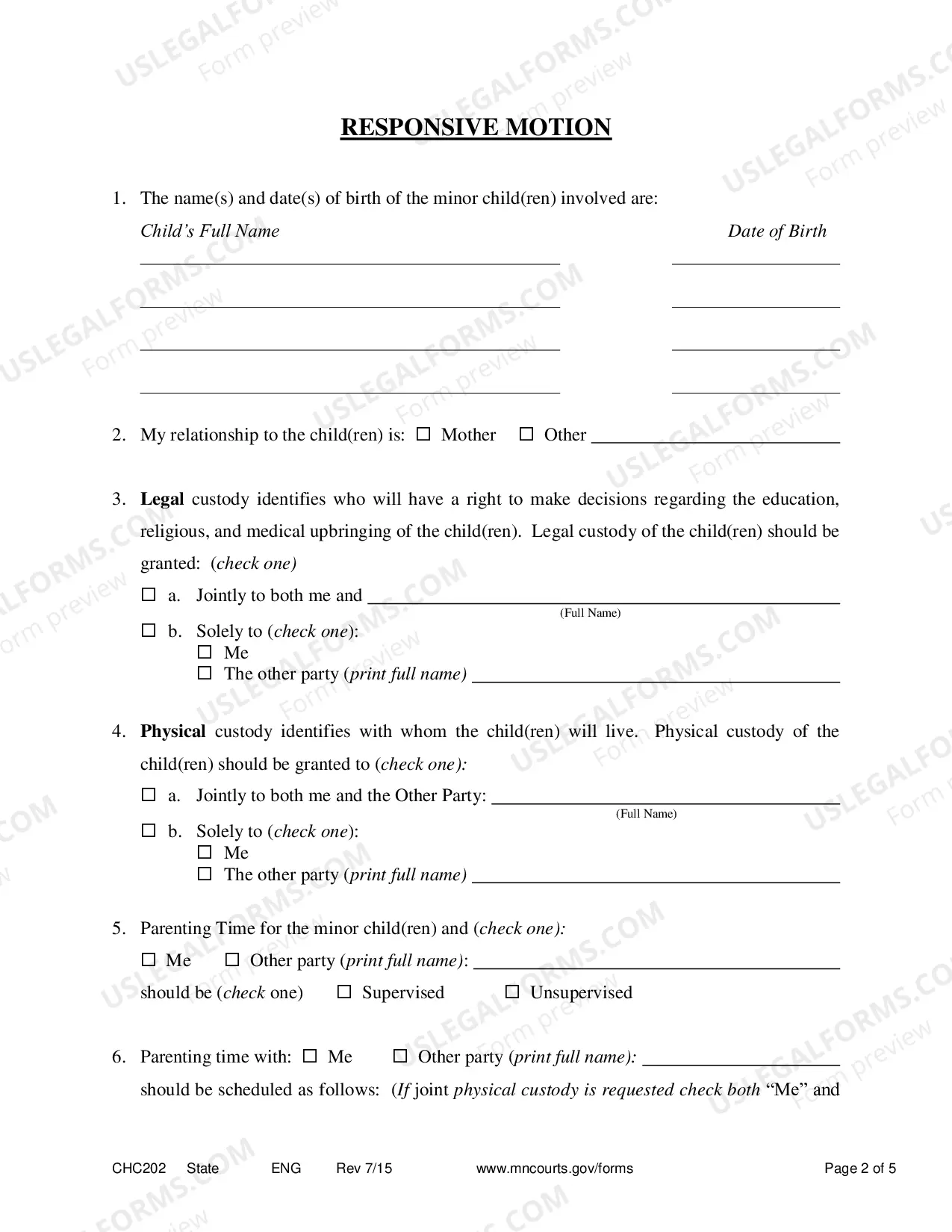 Preview Responsive Notice of Motion and Motion to Establish Child Custody and Parenting Time