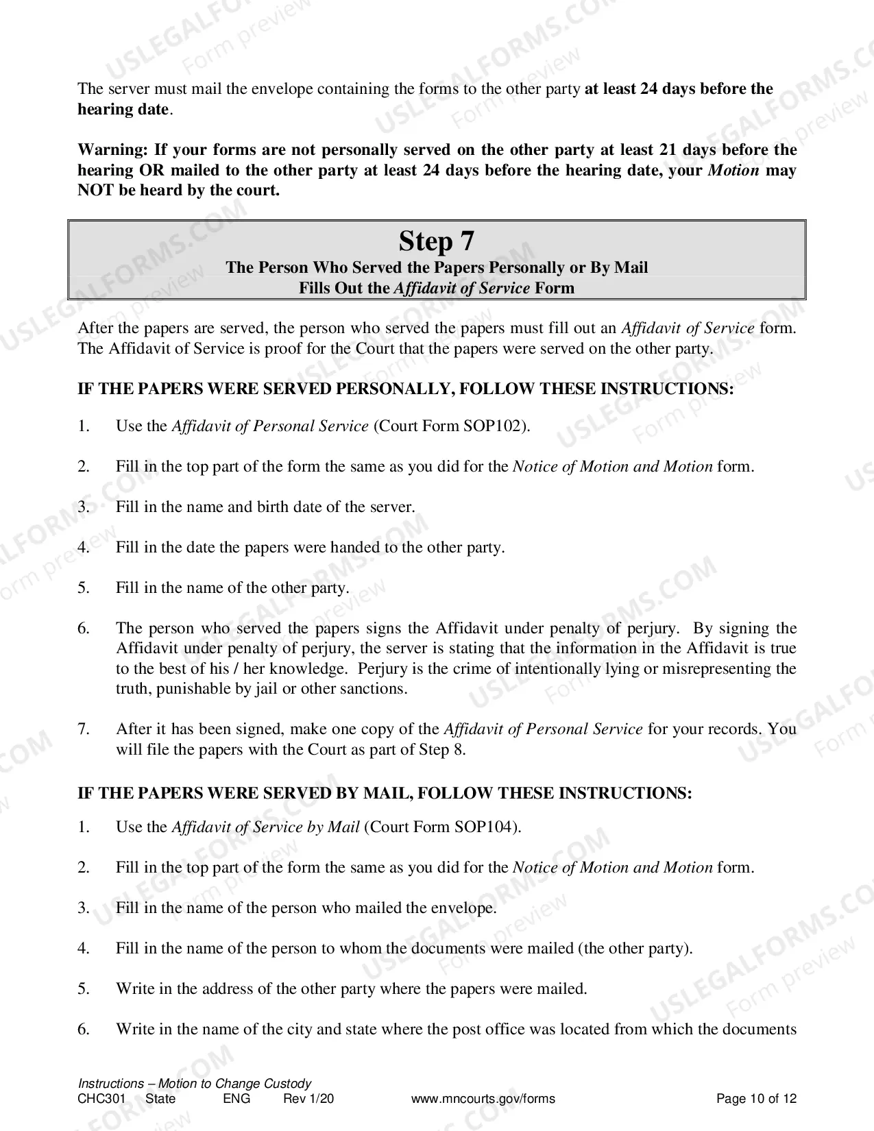 Preview Instructions for Change of Custody