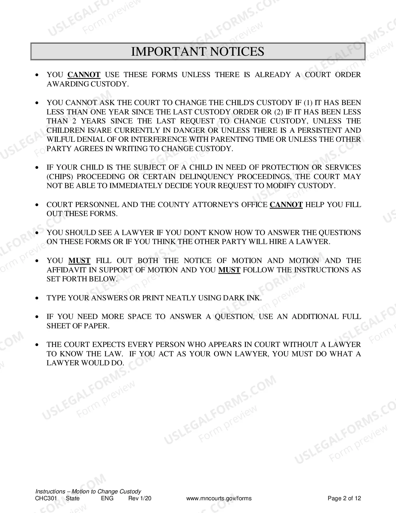 Preview Instructions for Change of Custody